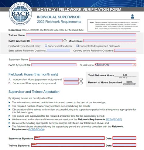 Bacb monthly verification form 2023 multiple supervisors. Supervisors who oversee the work of (a) individuals acquiring fieldwork for BCBA or BCaBA certification and (b) current BCaBA or RBT certificants who are required to have ongoing supervision must complete an 8–hour supervision training based on the Supervisor Training Curriculum Outline (2.0) before providing supervision. The … 