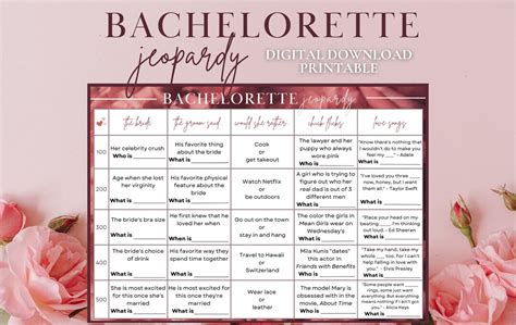 Bachelorette jeopardy I made for allies bachelorette party Wedding