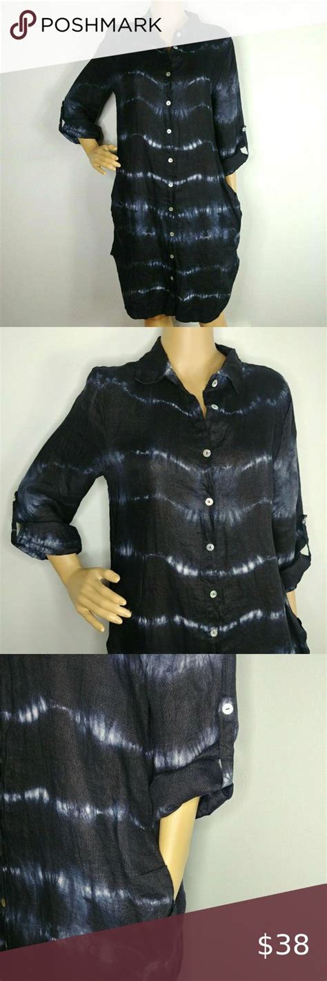 Baci Italy 100% linen tie dye black brown shirt dress …