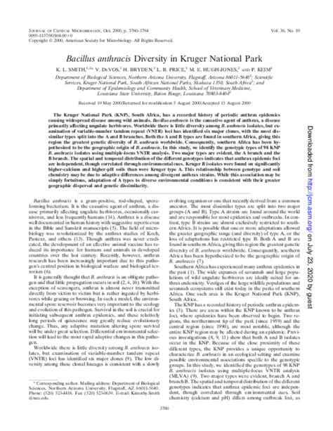 Bacillus anthracis Diversity in Kruger National Park - Semantic …