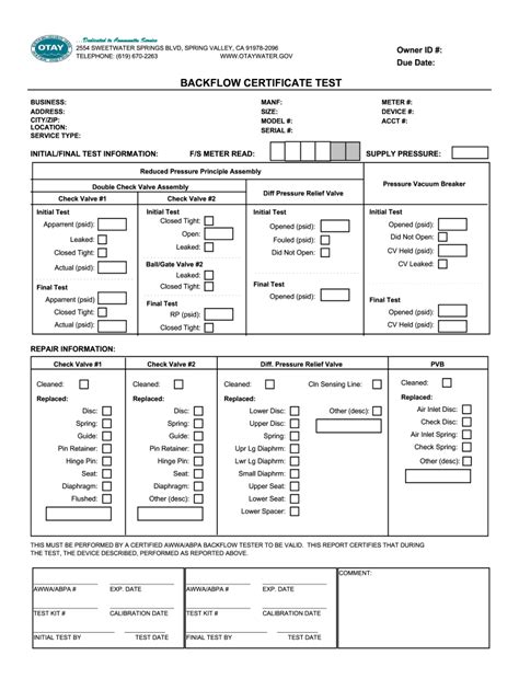 Backflow Assembly Test Report Form