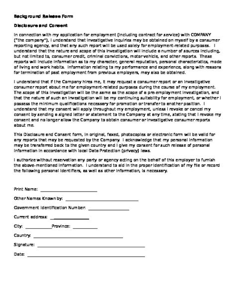 Background Release Form Disclosure and Consent