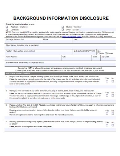 Background information disclosure form.  Authorization and Disclosure for Cri...