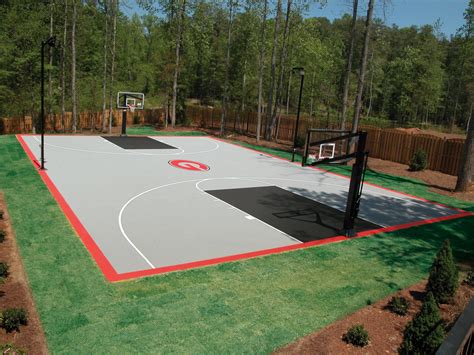 Backyard basketball court. Idea 5. This backyard was custom designed to fit multiple unique amenities for family and friends to enjoy. The Tour Greens custom putting green is a great place to practice your putt, while the multi-sport game court with pickleball, basketball and shuffleboard is a great place to have a friendly game night. 