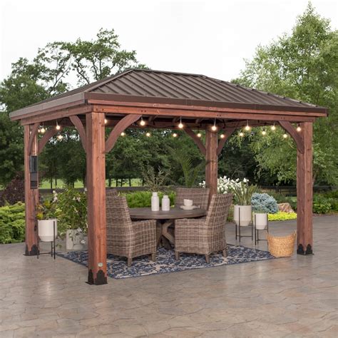 Shop Backyard Discovery 10-ft x 14-ft Cordova Brown Wood Rectangle Gazebo with Steel Roof in the Gazebos department at Lowe's.com. Transform your patio with the Backyard Discovery Cordova 14 x 10 outdoor gazebo, our newest addition in outdoor structures.. 