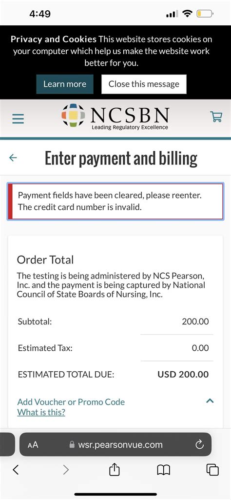 The pop up I got was the “good” pop-up saying “our records indicate you’re already registered for this exam” - it automatically declines you to register to take the NCLEX again since you’ve already passed. My understanding is if it says the card information is incorrect, the website is allowing you to register to write the NCLEX again.