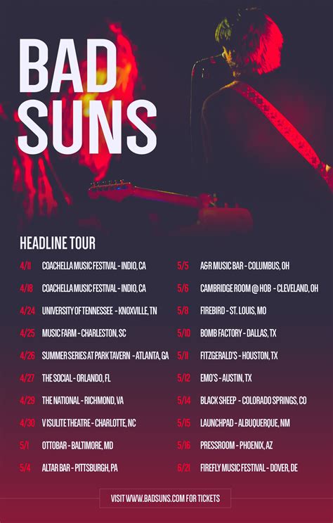 Bad suns tour. This group is for fans and followers of the musical band “Bad Suns”. If you love their music and have the opportunity to go out and see them on tour, this page is for you to show & tell us all and... 