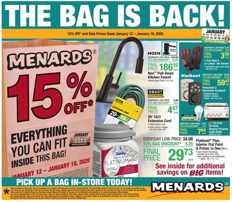 Bag sale menards. Bag Sale Event at Menards *Discount applies to our regular and sale prices on all in-stock products. All merchandise must fit inside the bag, all at one time to qualify for the 15% discount. No modifying of the bag is allowed. We will allow products up to twice the height of bag to qualify for the discount as long as they fi... 
