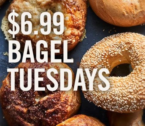 Panera Bread’s Tuesday Bagel Special — Baker’s Dozen For Low-Price. … Every Tuesday, get a baker’s dozen of bagels (13 total) for $8.59 (reg. $12.99) at participating locations. Cream cheese tubs sold separately from the sides menu.. 