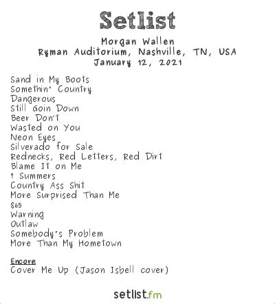 Get the Morgan Wallen Setlist of the concert at Rod Laver Arena, ... Australia on March 24, 2023 from the One Night At A Time Tour and other Morgan Wallen Setlists for free on setlist.fm! setlist.fm Add Setlist. Search Clear search text. follow ... Bailey Zimmerman Add time. Add time. Last updated: 20 Apr 2024, 22:26 Etc/UTC. Morgan Wallen Gig .... 