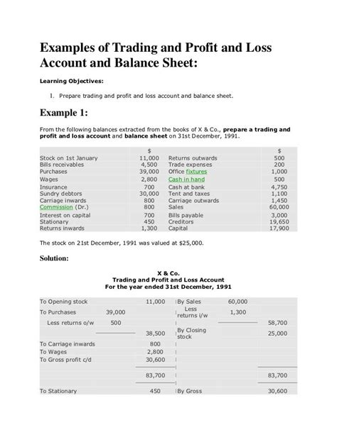 Balance Sheet Extract Format Of Trading And Pl Account Balance Sheet
