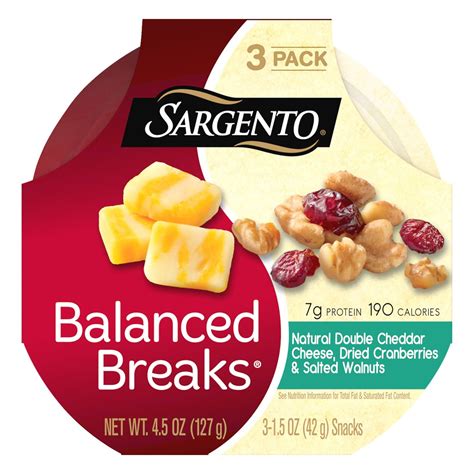 Balance breaks. Balanced Breaks are a snack to toss in backpacks, briefcases and gym bags for a delicious on-the-go. Each convenient individual serving contains 7 grams of protein and 190 calories per serving*. Sargento® Balanced Breaks® Snacks combine cheese, fruit and nuts to give you up to 7 grams of protein and under 200 calories. 
