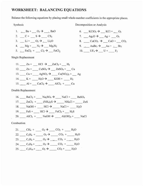 Balancing Equations Answer Sheet Homework