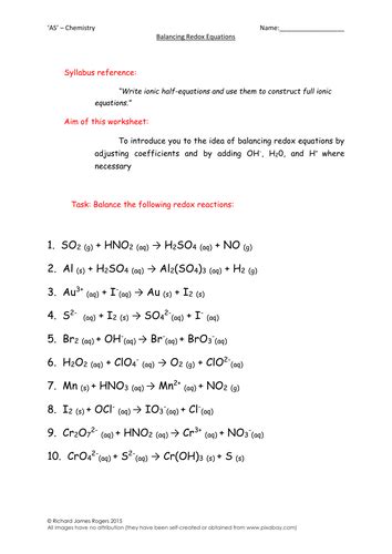 Balancing Redox Reactions Worksheet