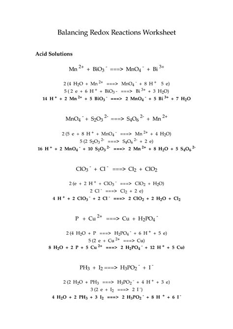 Balancing Redox Reactions Worksheet KEY 2 Studocu