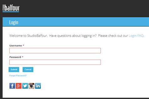 Login Welcome to StudioBalfour. Have questions about logging in? Please check out our Login FAQ . Username * Password * Submit Cancel Forgot Password? . 