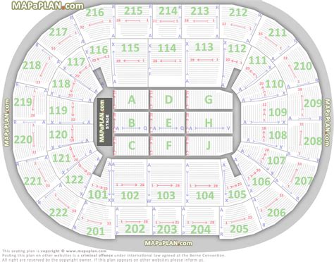 Ball arena seating chart with rows and seat numbers. 