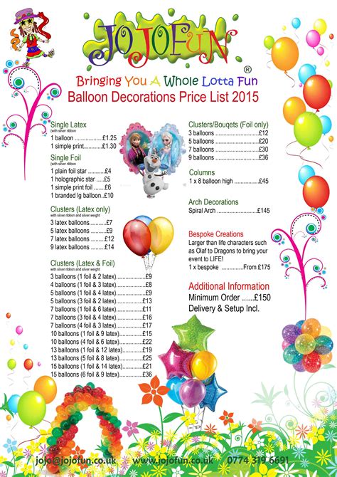 Balloon Decorators Price List
