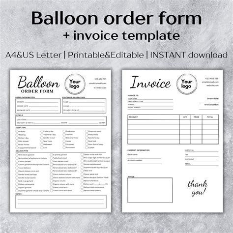 Balloon Order Form and Invoice Template Balloon Request Form Etsy