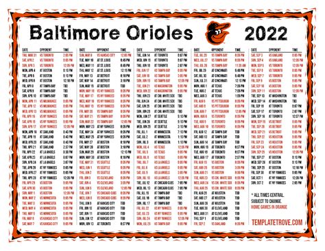 Baltimore Orioles Printable Schedule