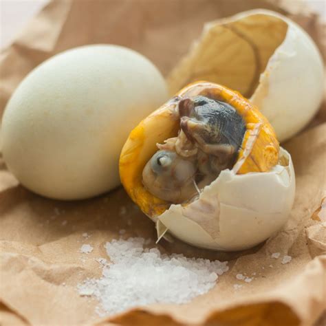 Balut eggs. To prepare a balut egg, you take a developing duck embryo and boil it alive. First, the broth surrounding the embryo is sipped from the egg. Then, the shell is peeled, and the yolk and young chick inside can be eaten. All of the contents of the egg may be consumed. In the Philippines, balut eaters prefer salt and/or a chili, garlic and vinegar ... 
