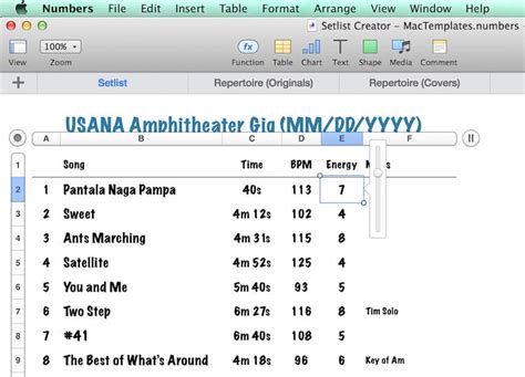 Band Set List Template for iWork Numbers