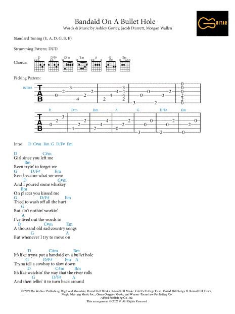Chords for Bandaid on a Bullet Hole Morgan Wallen.: D, A, Bm7, G. Play along with guitar, ukulele, or piano with interactive chords and diagrams. Includes transpose, capo hints, changing speed and much more.. 