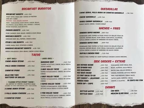 Bandido taqueria mexicana menu. View the menu for Bandido Taqueria Mexicana and restaurants in Lexington, KY. See restaurant menus, reviews, ratings, phone number, address, hours, photos and maps. 
