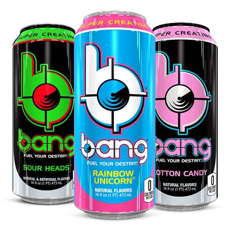 Bang energy drink. ZERO-SUGAR ENERGY DRINK: NO sugar necessary! Just great-tasting, sustained energy. ULTRA CoQ10 and EAAs (Essential Amino Acids) GLUTEN-FREE AND VEGAN-FRIENDLY: Bang Energy drinks are gluten-free and vegan-friendly, so they are perfect for any lifestyle or diet. ZERO CARBS, ZERO ARTIFICIAL COLORS and ZERO CALORIES. 