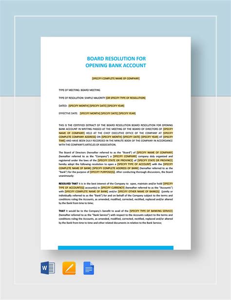 Bank Of Board Directors Account Opening Resolution