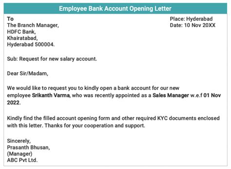 Bank account opening request letter for employee word format.  Clearly state the intention ...
