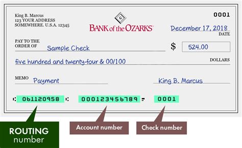Bank of the ozarks routing number. FedACH Routing. Routing Number. 061112458 The banking institution's routing number. Bank. Bank of The Ozarks Commonly used abbreviated customer name. Office code. Main office. Servicing FRB Number. 061000146 Servicing Fed's main office routing number. 
