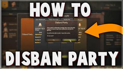 Jun 16, 2022 · In 1.8.0 you disband parties by opening the clan screen (L) > Parties > Then click on the crown icon next to the party name. It says change party leader, but it will also let you disband. Last edited by GIJoe597 ; Jun 16, 2022 @ 10:51am. #1. . 