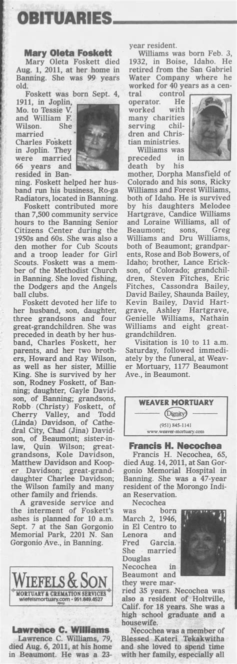 Banning record gazette obituaries.  Search Banning, California recent ob...