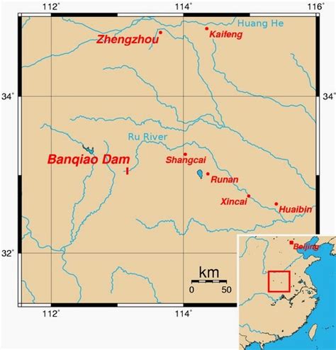 Banqiao Dam Map - Reservoir - Henan, China - Mapcarta