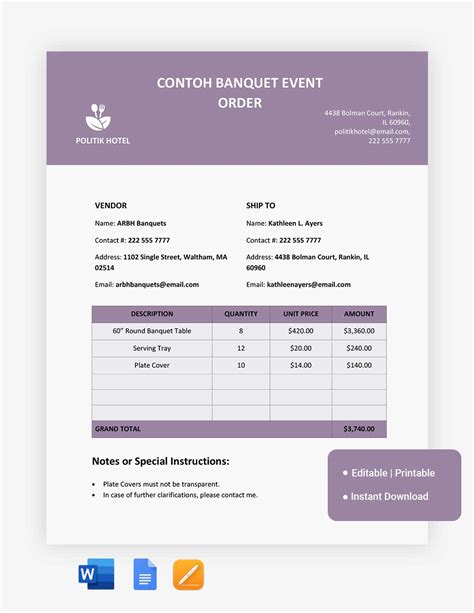 Banquet event order in Word and Pdf formats