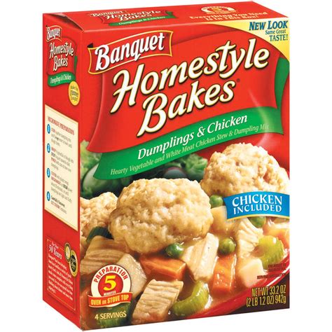 Banquet homestyle bakes. Feb 12, 2024 ... Grocery Frozen Foods Banquet Banquet Dumplings & Chicken Homestyle Bakes. Banquet. Banquet Dumplings & Chicken Homestyle Bakes. 4.29 / 5. 559 ... 