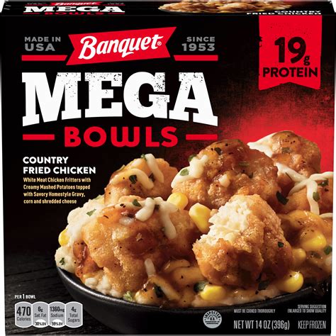 Banquet mega bowls. Give yourself a boost after an intense workout at the gym or a grueling day at work with this Banquet Mega Bowl with 450 calories, 19g protein, and 0g trans fat; contains egg, milk, soy, and wheat. Banquet Mega Meals and Mega Bowls serve up bold flavors for bold appetites in hearty meals. This pack contains one 14 Ounce box of Banquet Mega ... 