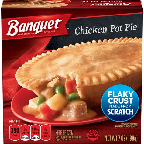 Banquet pot pie. Nutrition facts and analysis for BANQUET Chicken Pot pie, frozen entree'. Complete nutritional content according to the USDA. Nutrition facts and analysis for BANQUET Chicken Pot pie, ... Serving Size pie (198g) Amount per Serving. Calories 380 Calories from Fat 193 % Daily Value * Total Fat 21.5g 33%. Saturated Fat 8.3g 41%. Trans Fat 0.3g 