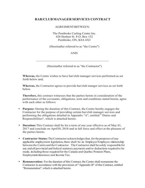 Bar Manager Contract Template
