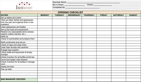 Bar Opening and Closing Checklist [FREE] from BinWise