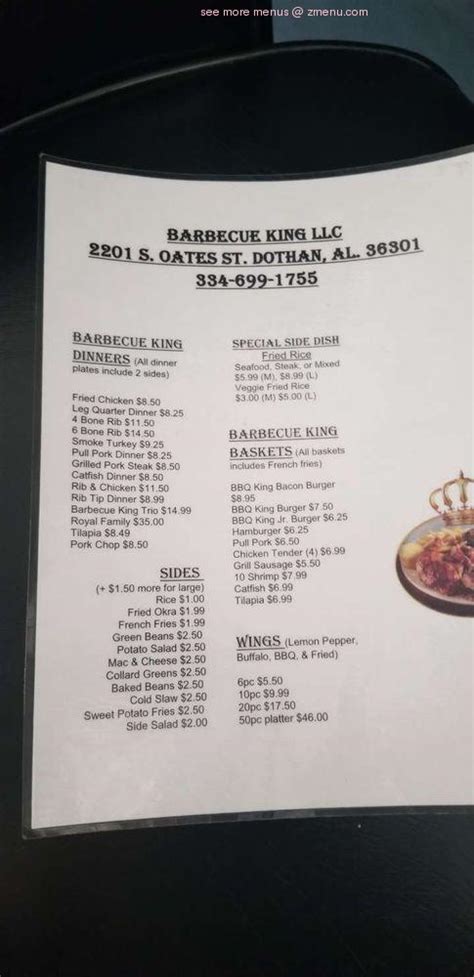 Barbecue king llc dothan menu. View the online menu of Kings Taste BBQ and other restaurants in Eustis, Florida. Kings Taste BBQ « Back To Eustis, FL. 0.92 mi. Barbeque $$ (352) 589-0404. 503 Palmetto St, Eustis, FL 32726. ... Alongside their incredible barbecue, Kings Taste BBQ serves up delicious sides like baked beans, coleslaw, macaroni and cheese, and cornbread. ... 