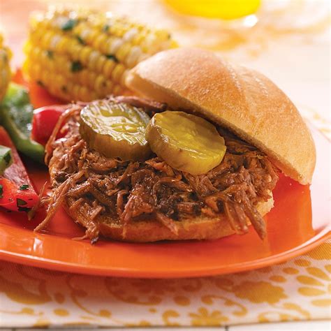 Barbecue sandwich. Simply spray your slow cooker with non-stick cooking spray, place roast in cooker. Mix the remaining ingredients in a bowl and pour over beef. Cook on low for 8 hours or on high for 4- 5 hours. When beef is ready, remove, cut into thin slices and place back in cooker for an additional 25-30 minutes on low until heated through. Done. 