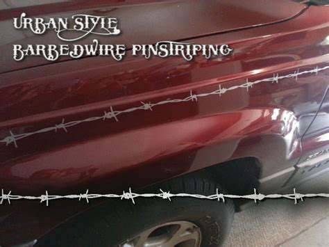 Barbed wire pinstripe for trucks. Wicked Wire Pinstriping Tape. Product comes in 4 pieces. Each piece is 1" x 98". HELPFUL LINKS: RETURN POLICY: Standard Return Policy applies. AUTO TRIM EXPRESS WARRANTY. All Auto Trim Express designs are warranted against defects in manufacturing and against fading for a period of 3 years from the date of purchase. 