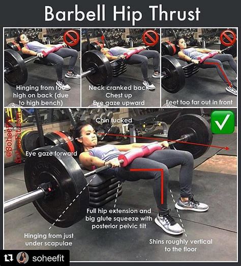 Barbell hip thrusts. Step 2: Thrust. While keeping your shoulders pressed against the bench and your fingers gripped around the bar, push the bar upward with your hips by pressing through your heels. As you thrust upward, tuck your chin to your chest. This prevents you from overarching your back and straining your neck. 