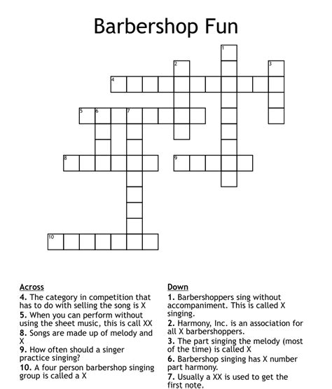  More crossword answers. We found one answer for the crossword clue Barber shop . A further 50 clues may be related. If you haven't solved the crossword clue Barber shop yet try to search our Crossword Dictionary by entering the letters you already know! (Enter a dot for each missing letters, e.g. “P.ZZ..” will find “PUZZLE”.) Also look ... . 