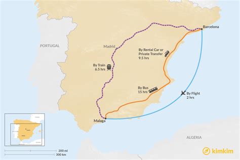 Barcelona to malaga. Distance. 469 miles (757 km) Direct train. No. Train companies. AVE. Trains from Barcelona El Prat Airport (BCN) to Málaga cover the 469 miles (757 km) long route with our travel partners like AVE. 