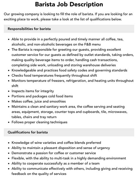 Barista Job Description Catering Jobs - BlueArrow