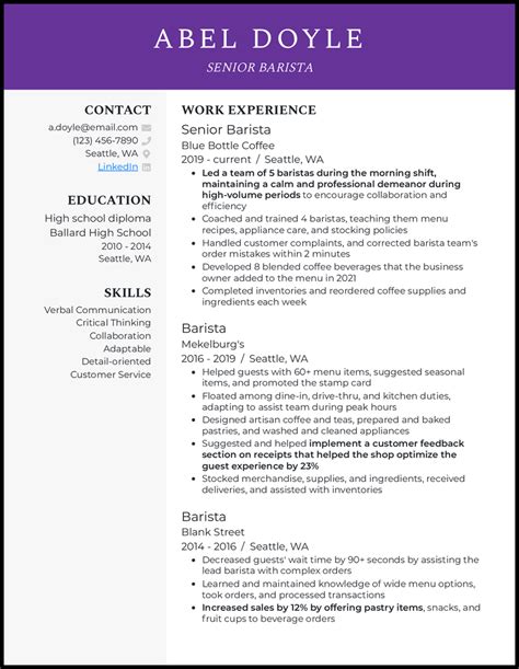 Barista resume description. Hole-in-the-Wall Bartender Job Description for a Resume. Opened and closed the bar in a timely and responsible manner. Gained regular customers by serving beer, wine, and other beverages in a prompt and friendly way. Maximized daily and weekly sales by ordering bar products and keeping a well-stocked inventory. 