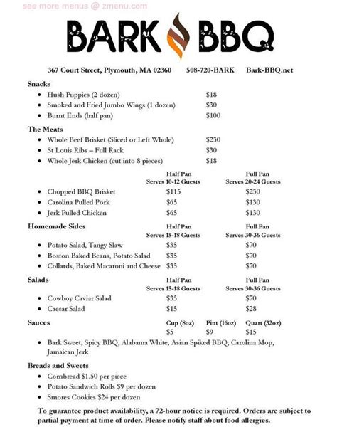 Bark barbecue menu. BARK-BBQ, where BBQ isn't just a category on the menu... it is the Menu! 367 Court Street Plymouth, MA 508-720-2275. Home; Menu; Catering; Featured Specials; Sauces; Reviews; About US; Contact; More. Home; Menu; ... Below are photos of some of the creations that have been served at BARK-BBQ. Your choice. No need to choose wisely. … 
